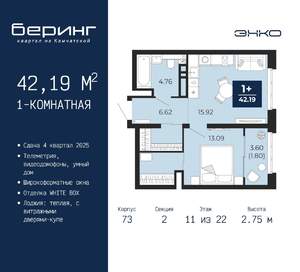 1-к квартира, вторичка, 42м2, 11/22 этаж