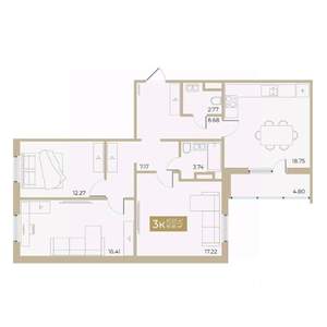 3-к квартира, вторичка, 87м2, 8/18 этаж