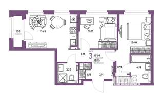 3-к квартира, вторичка, 57м2, 13/25 этаж