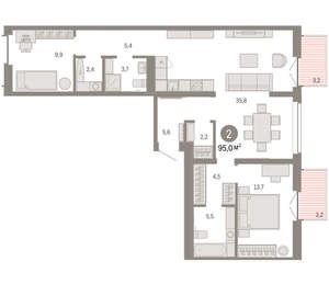2-к квартира, вторичка, 95м2, 4/16 этаж