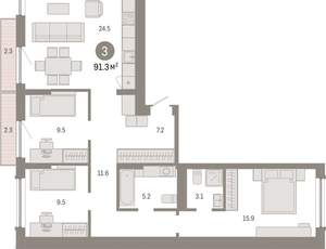 3-к квартира, вторичка, 91м2, 3/8 этаж