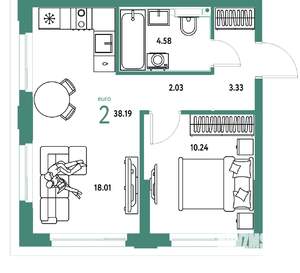 2-к квартира, вторичка, 38м2, 5/25 этаж