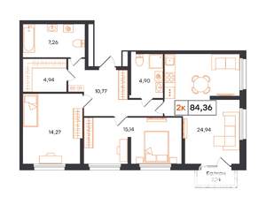 3-к квартира, строящийся дом, 84м2, 7/24 этаж