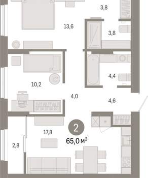2-к квартира, вторичка, 65м2, 17/17 этаж