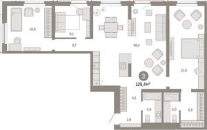 3-к квартира, вторичка, 129м2, 6/16 этаж