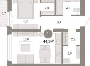 1-к квартира, вторичка, 44м2, 6/16 этаж