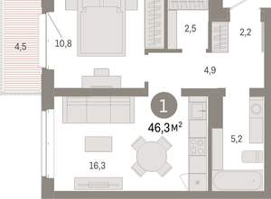1-к квартира, вторичка, 46м2, 3/11 этаж