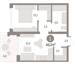 1-к квартира, вторичка, 43м2, 2/8 этаж