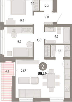 2-к квартира, вторичка, 66м2, 9/25 этаж