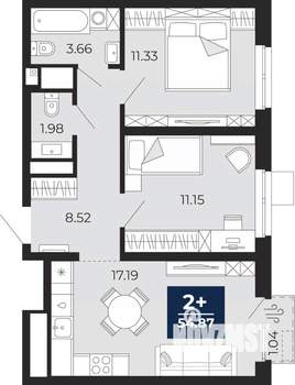 2-к квартира, вторичка, 55м2, 13/23 этаж
