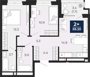 2-к квартира, сданный дом, 61м2, 12/16 этаж