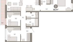 3-к квартира, вторичка, 88м2, 3/25 этаж