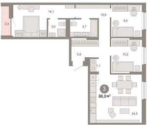 3-к квартира, вторичка, 86м2, 6/17 этаж