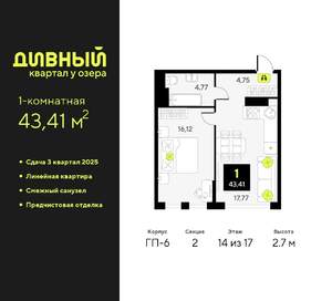 1-к квартира, вторичка, 43м2, 14/17 этаж