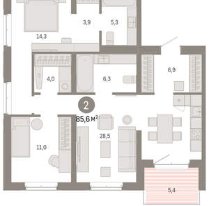 2-к квартира, вторичка, 86м2, 6/11 этаж