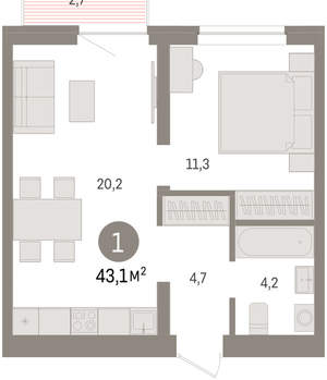 1-к квартира, вторичка, 43м2, 5/10 этаж