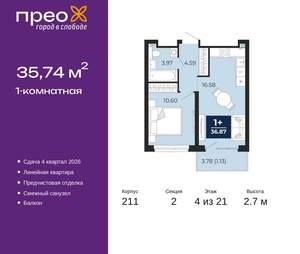1-к квартира, вторичка, 36м2, 4/21 этаж