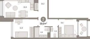 2-к квартира, вторичка, 59м2, 5/8 этаж