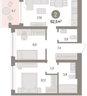 2-к квартира, вторичка, 63м2, 6/8 этаж