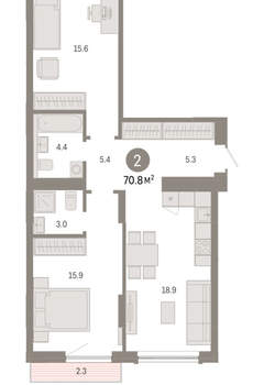 2-к квартира, вторичка, 71м2, 3/8 этаж