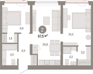 2-к квартира, вторичка, 68м2, 5/16 этаж