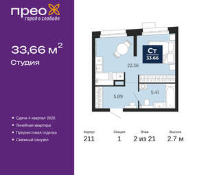 Студия квартира, вторичка, 34м2, 2/21 этаж