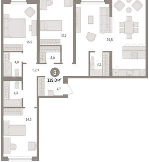 3-к квартира, вторичка, 119м2, 4/16 этаж