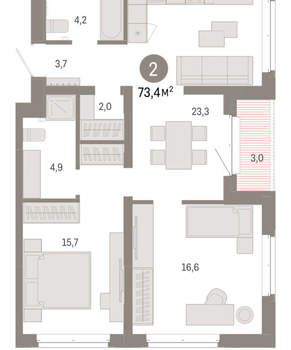 2-к квартира, вторичка, 73м2, 5/11 этаж