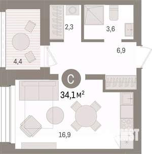 Студия квартира, вторичка, 34м2, 6/8 этаж