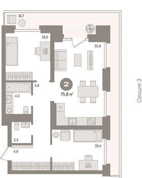 2-к квартира, вторичка, 76м2, 5/9 этаж