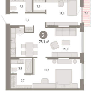 2-к квартира, вторичка, 75м2, 4/17 этаж