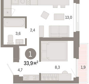 1-к квартира, вторичка, 34м2, 8/25 этаж