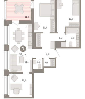 3-к квартира, вторичка, 89м2, 7/8 этаж