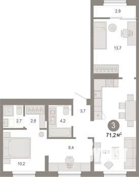 3-к квартира, вторичка, 71м2, 7/7 этаж