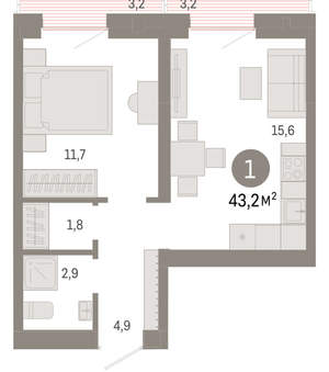 1-к квартира, вторичка, 43м2, 7/8 этаж