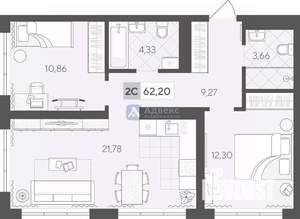 2-к квартира, вторичка, 62м2, 12/17 этаж