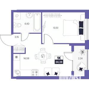 1-к квартира, строящийся дом, 34м2, 13/24 этаж