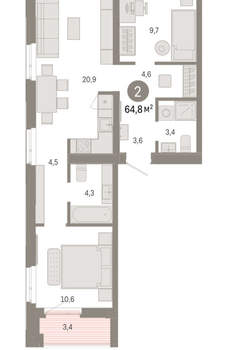 2-к квартира, вторичка, 65м2, 7/25 этаж