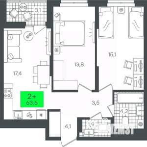 2-к квартира, строящийся дом, 64м2, 10/15 этаж