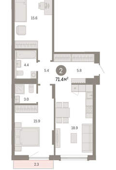 2-к квартира, вторичка, 71м2, 2/8 этаж