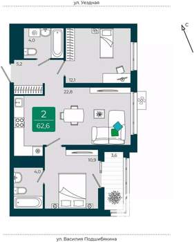 2-к квартира, вторичка, 63м2, 7/16 этаж