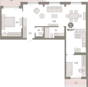 2-к квартира, вторичка, 97м2, 9/16 этаж