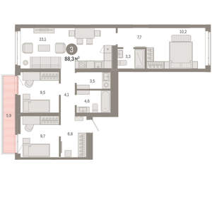 3-к квартира, вторичка, 88м2, 3/25 этаж
