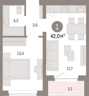 1-к квартира, вторичка, 42м2, 3/11 этаж