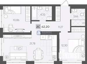 2-к квартира, вторичка, 62м2, 9/17 этаж