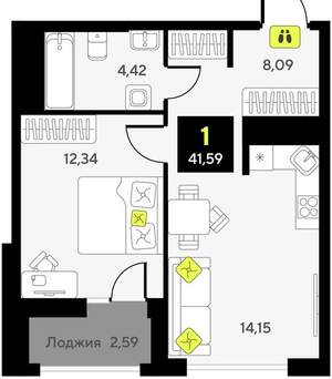 1-к квартира, вторичка, 42м2, 9/10 этаж