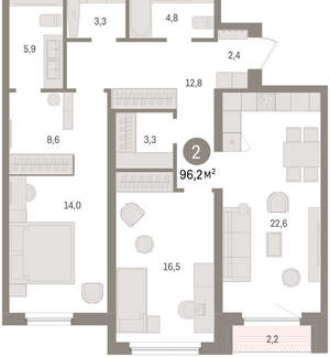 2-к квартира, вторичка, 96м2, 7/16 этаж