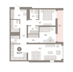 2-к квартира, вторичка, 91м2, 4/25 этаж