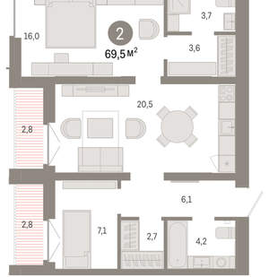 2-к квартира, вторичка, 69м2, 5/16 этаж