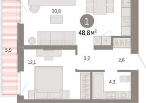 1-к квартира, вторичка, 49м2, 3/25 этаж